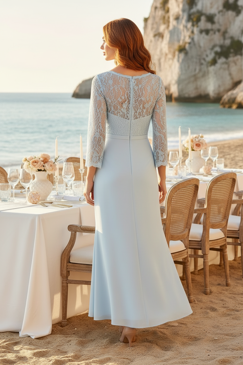 Lace 3/4-Sleeve High-Low Mock-Wrap Dress