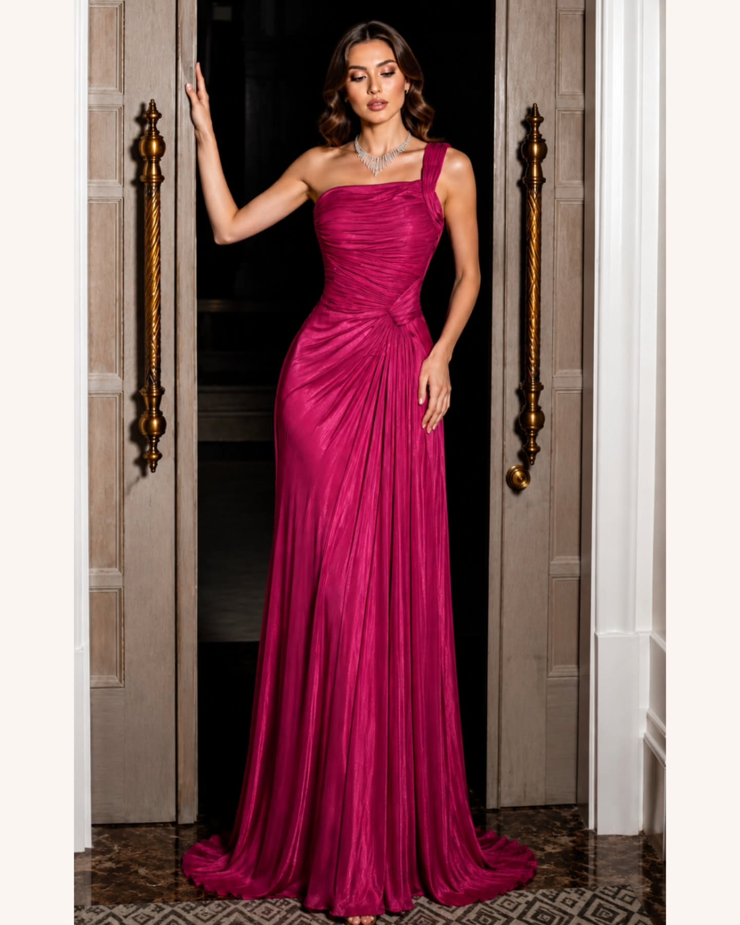 One-Shoulder Pleated Evening Gown