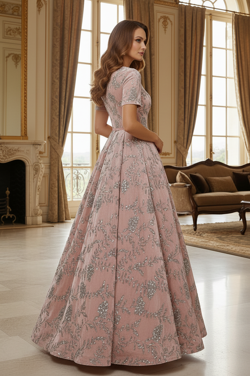 Sequined Velvet A-Line Evening Gown with Sleeves