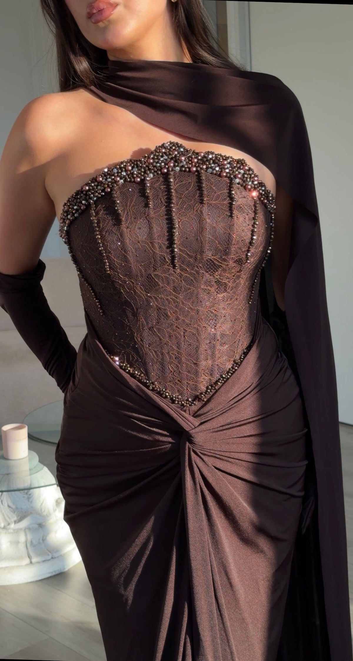 Beaded Corset Gown with Draped Cape and Gloves