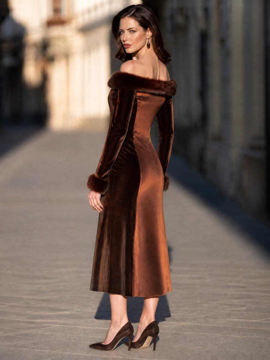 Off-the-Shoulder Midi Dress with Fur Trim