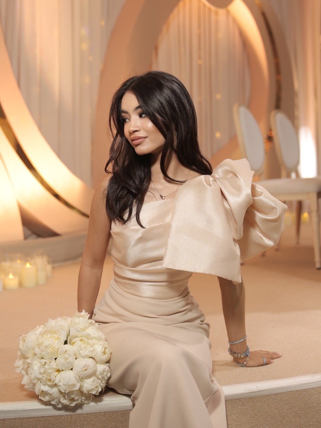One-Shoulder Bow Satin Evening Dress