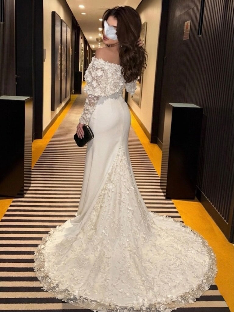 Off-Shoulder Floral Applique Mermaid Gown