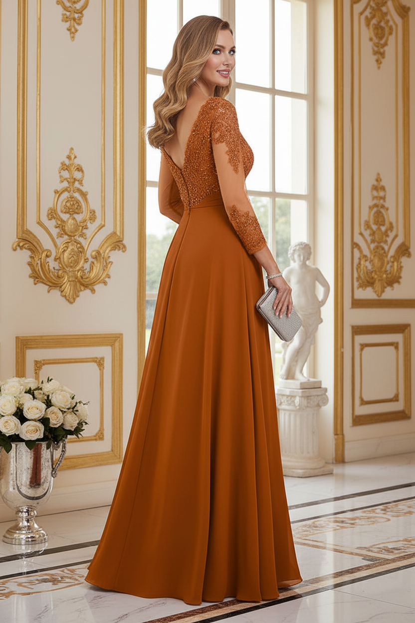 Embroidered Lace Illusion Bodice Chiffon Gown