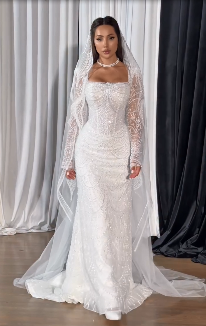 Beaded Square Neck Long Sleeve Wedding Dress