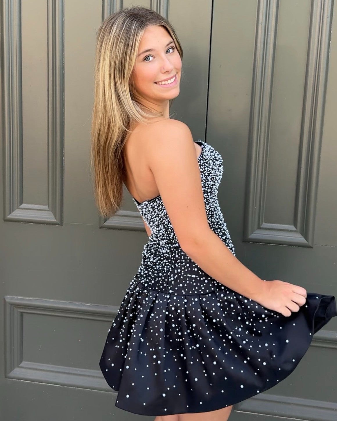 Strapless Pearl Embellished Pleated Mini Dress