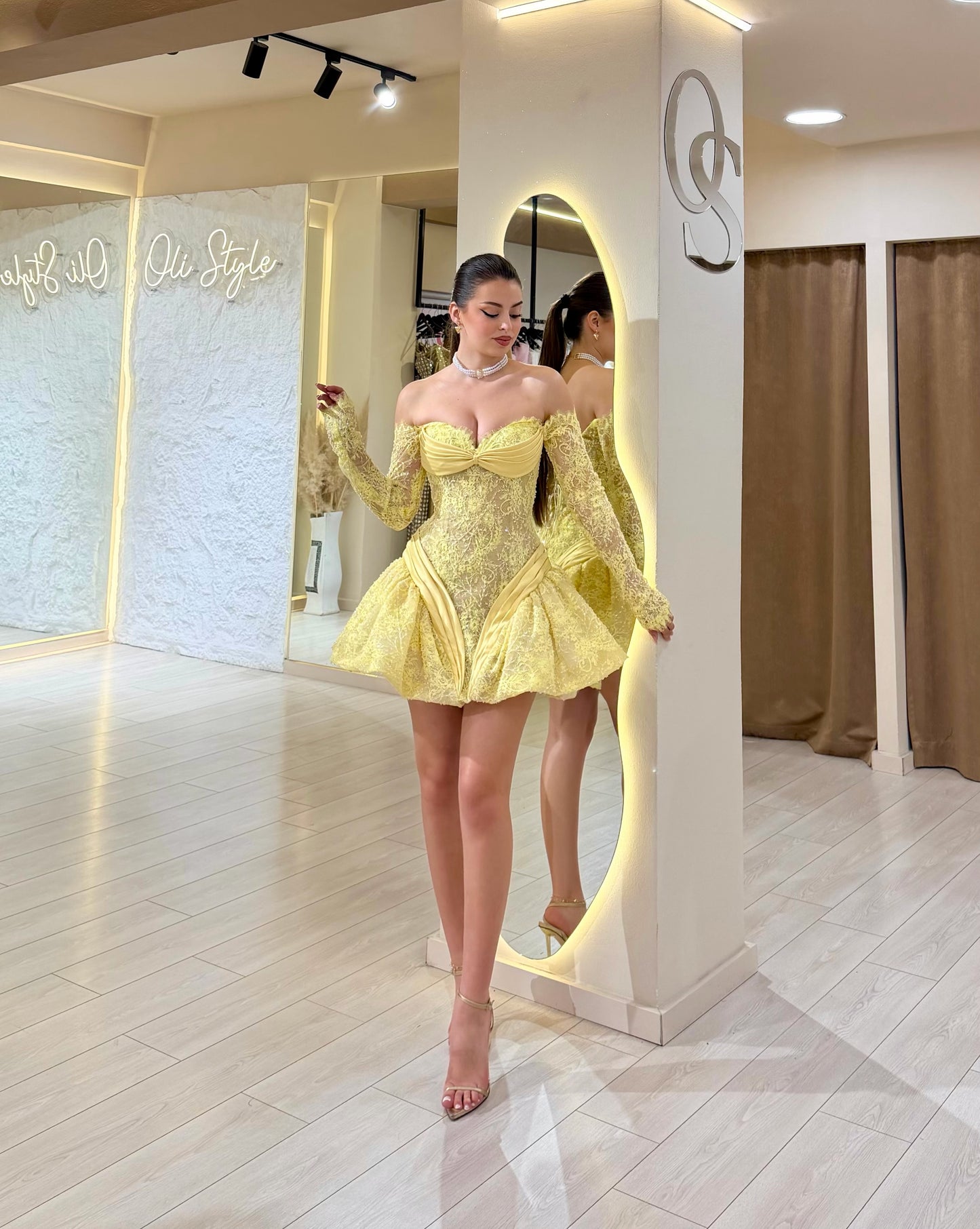 Lace Off-the-Shoulder Bubble Skirt Mini Dress