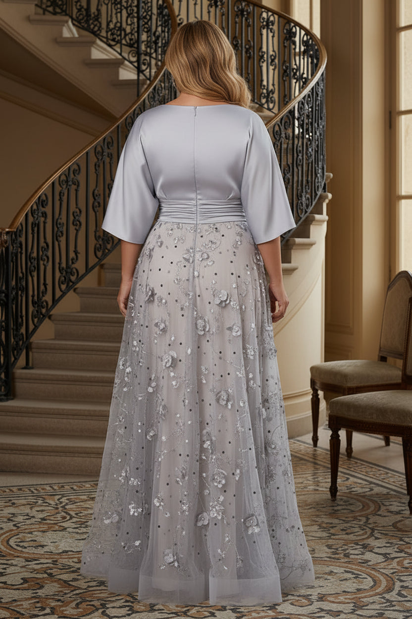A-Line Satin and Tulle Evening Gown with 3D Flowers