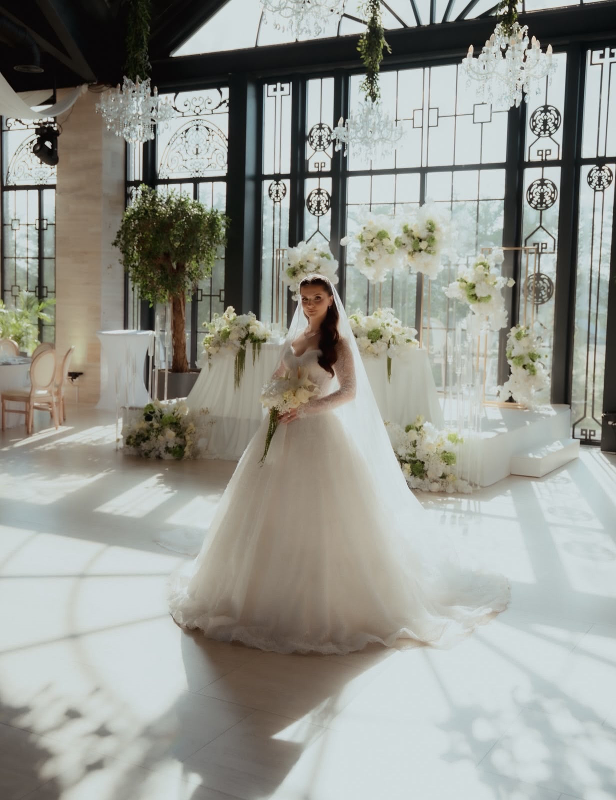 Long-Sleeve Lace Wedding Ball Gown with Square Neckline