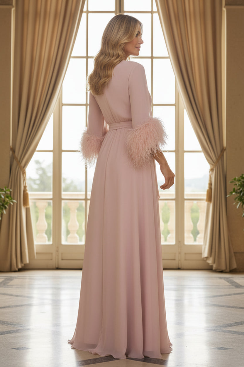 Feather-Cuff Long Sleeve Wrap Gown with Tie Waist