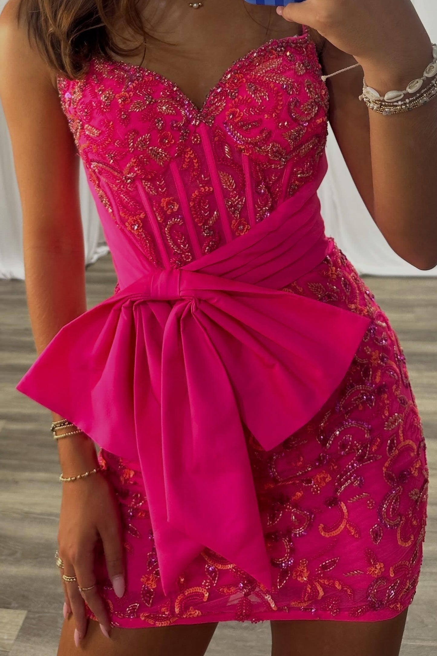 Beaded Corset Mini Dress with Oversized Bow