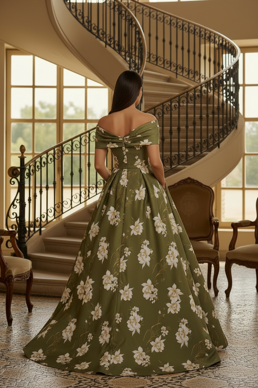 Off-the-Shoulder Floral Print A-Line Gown