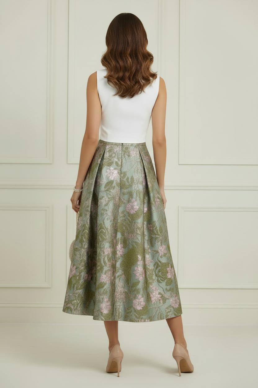 Sleeveless Lapel Midi Dress with Jacquard Skirt