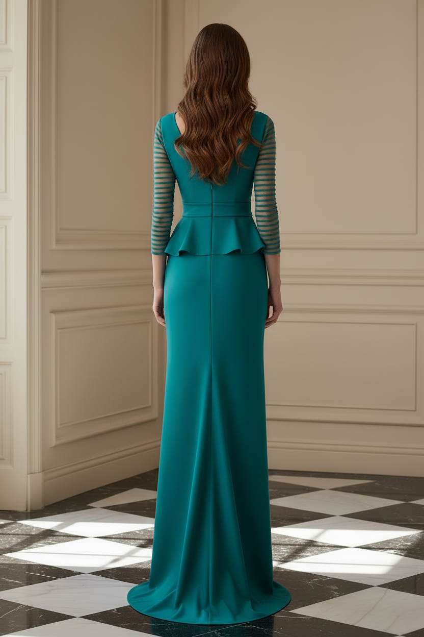 Illusion Sleeve V-Neck Bowknot Evening Gown