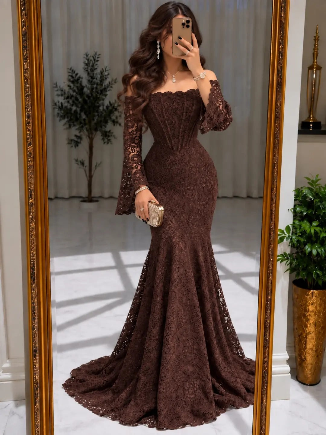 Off-Shoulder Lace Mermaid Gown with Long Sleeves