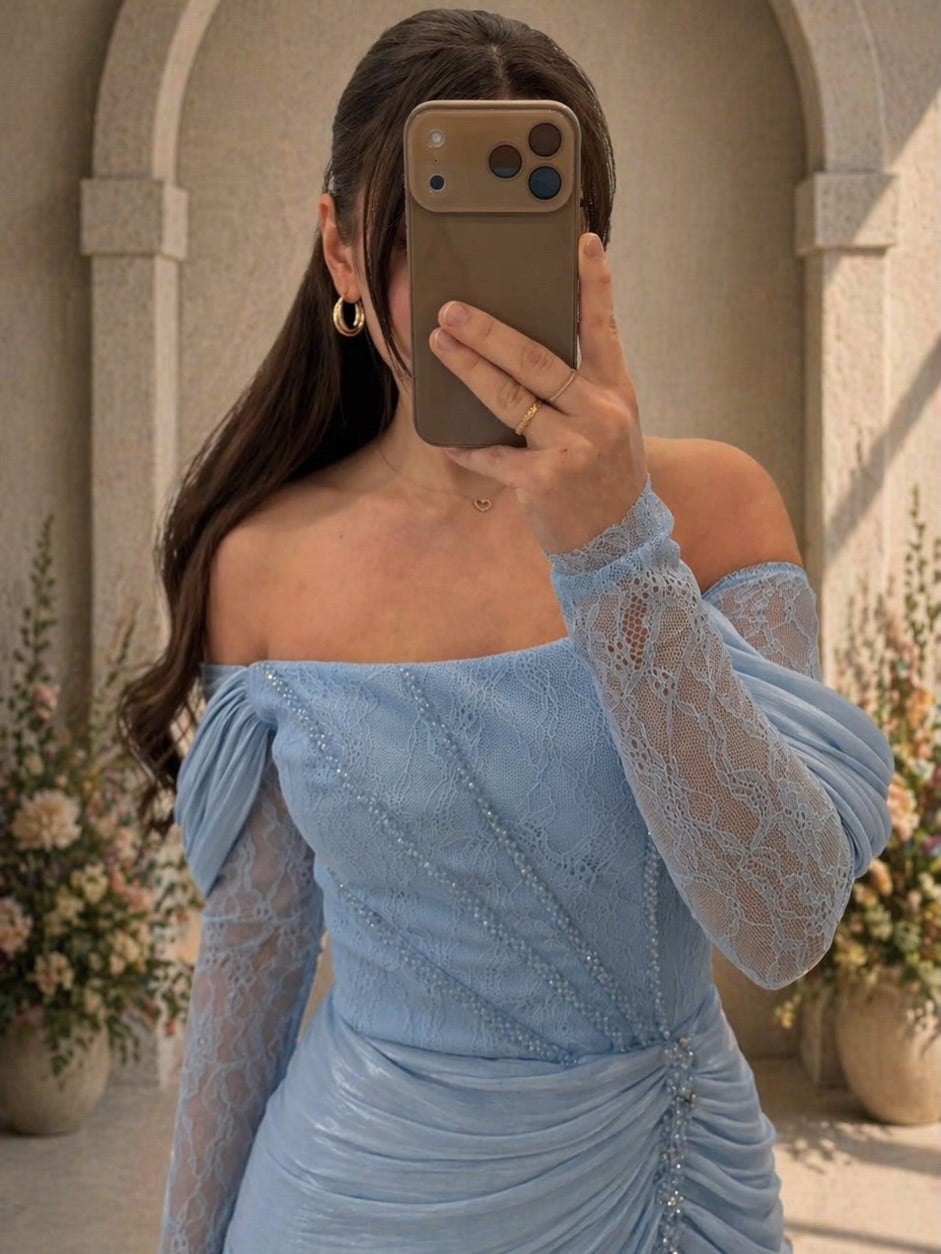 Off-Shoulder Lace Ruched Evening Gown