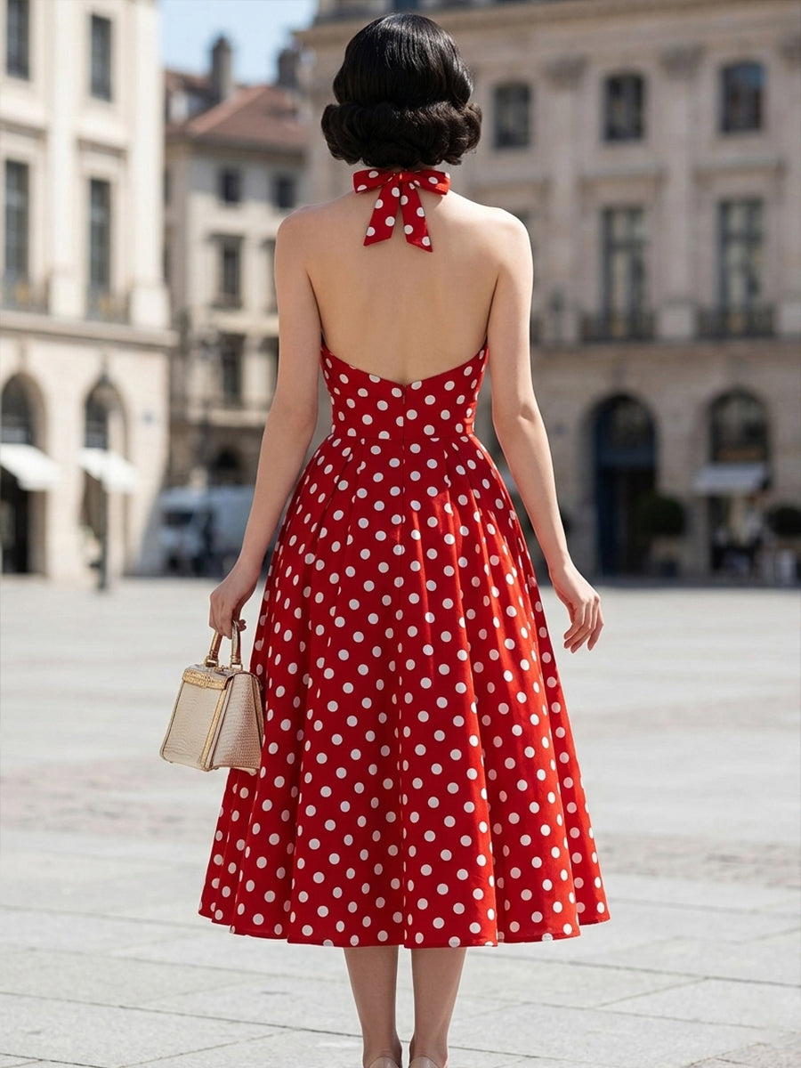 Polka Dot Halter Midi Swing Dress