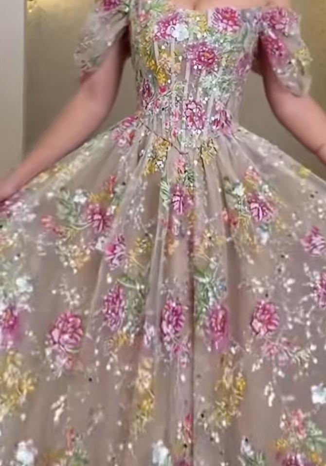 Floral Embroidered Corset A-Line Gown