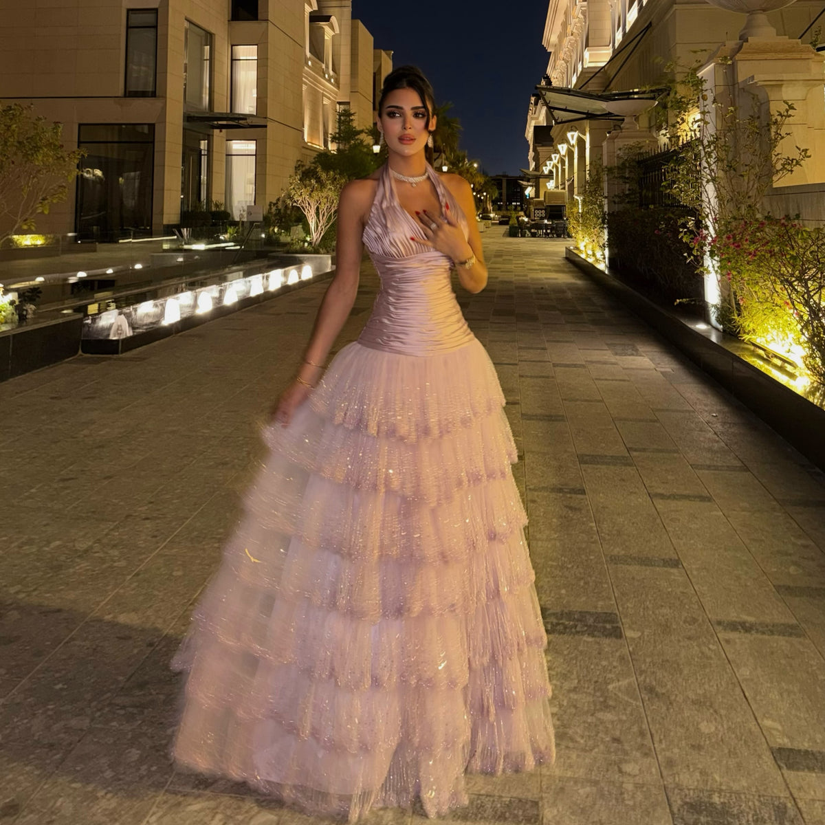 Halter Ruched Bodice Tiered Ball Gown
