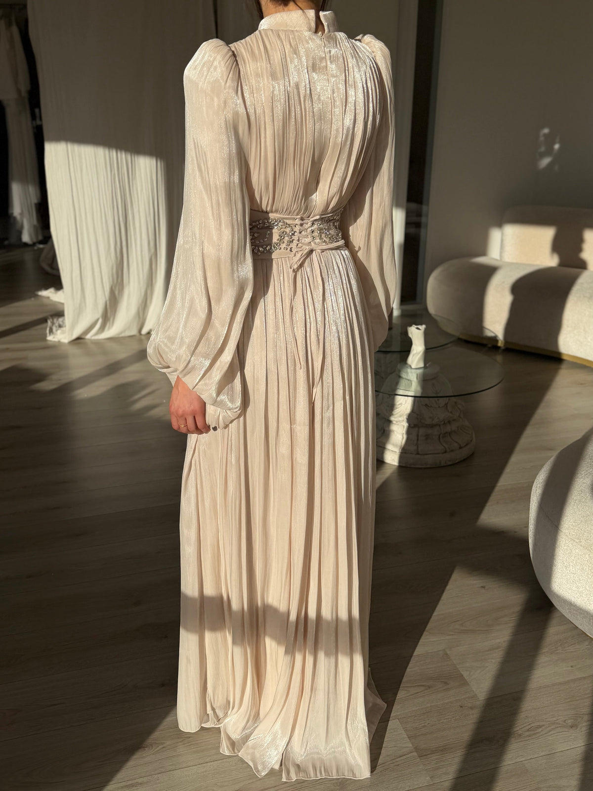 Pleated High-Neck Gown with Rhinestone Waist