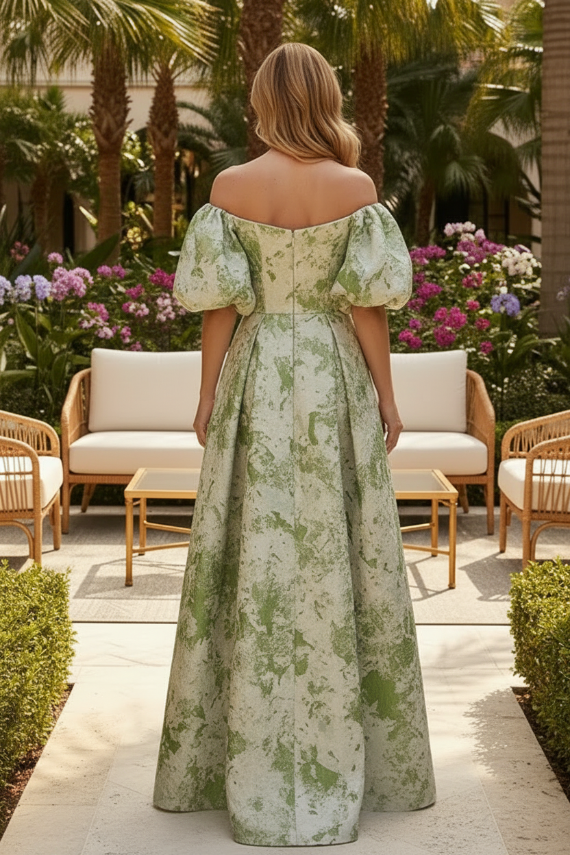 Off-the-Shoulder Jacquard Puff Sleeve Gown