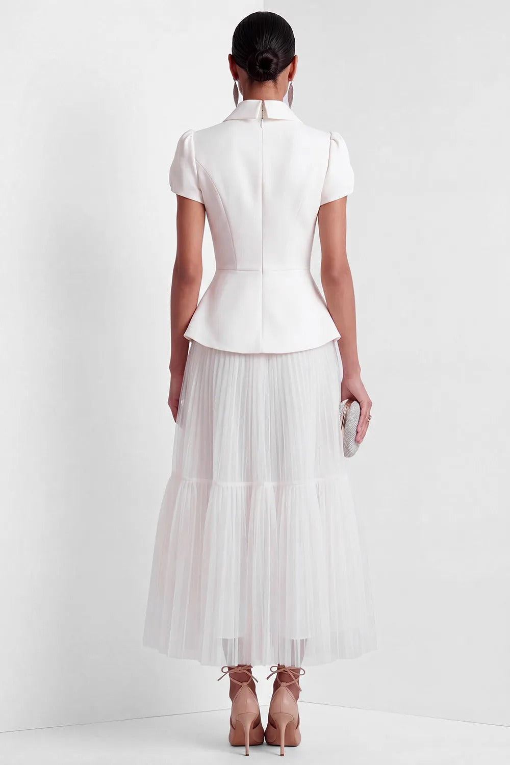 Collared Peplum Midi Dress with Pleated Tulle Skirt