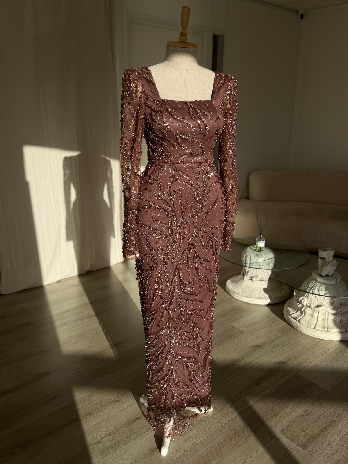 Sequin Swirl Long Sleeve Square Neck Maxi Dress
