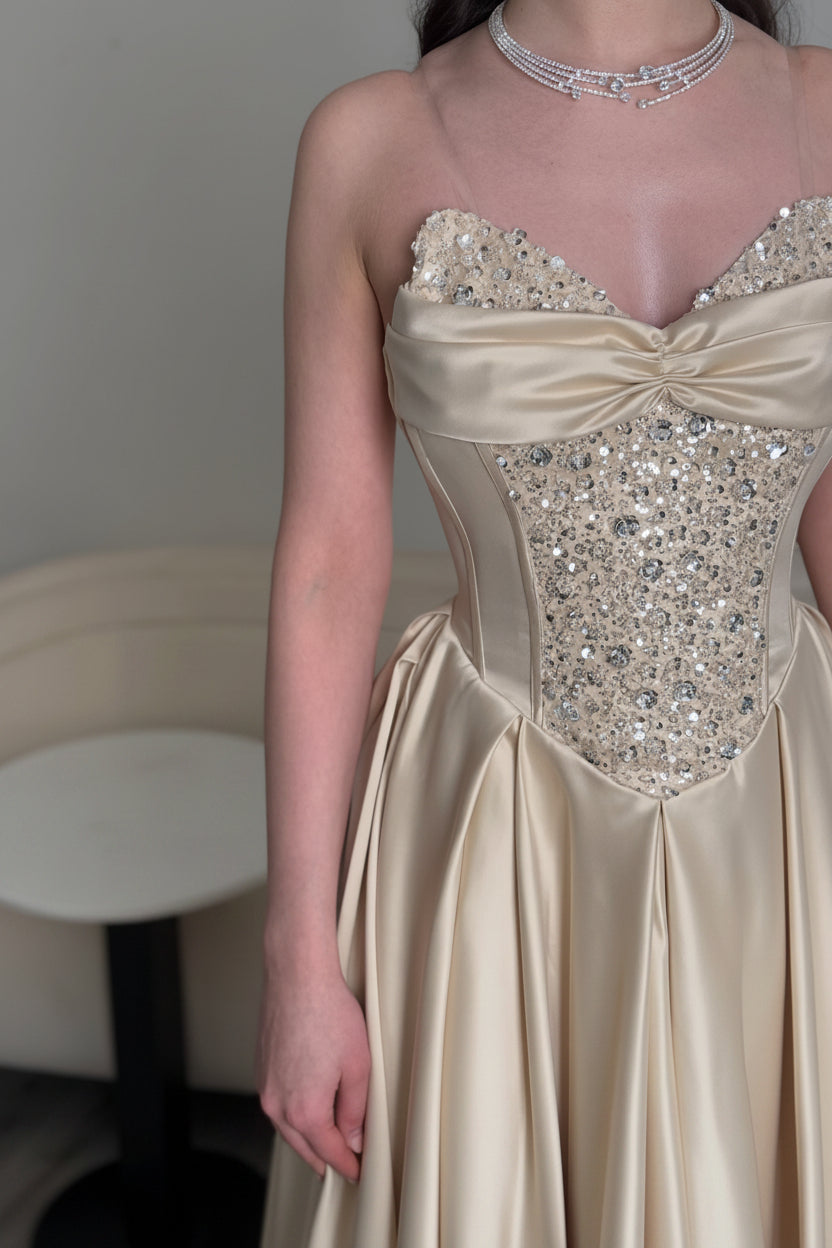 Beaded Corset Bodice Satin Gown with High Slit