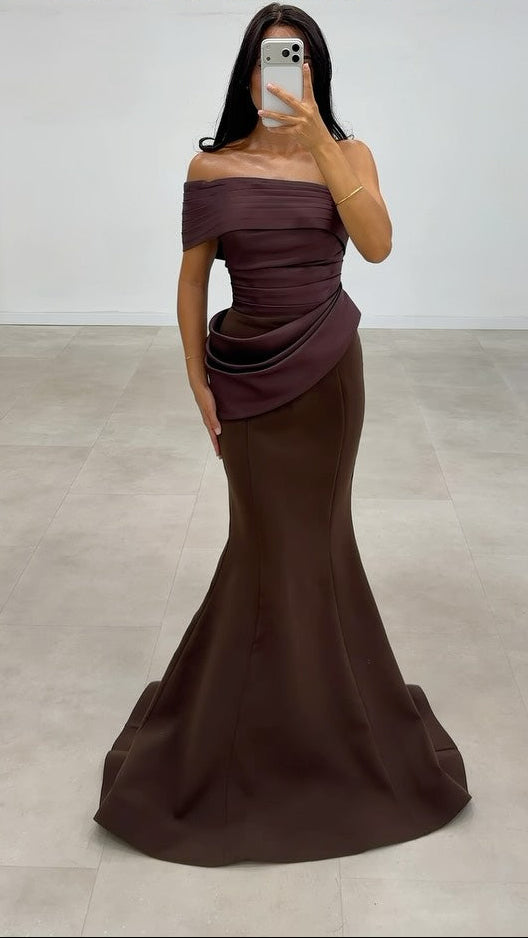 Off-the-Shoulder Pleated Draped Mermaid Gown