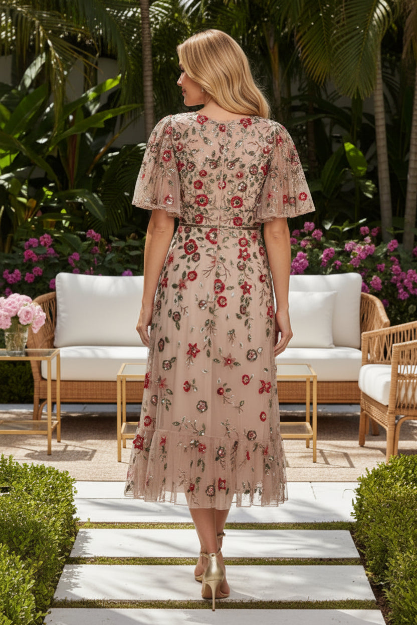 Floral Embroidered Tulle A-Line Midi Dress