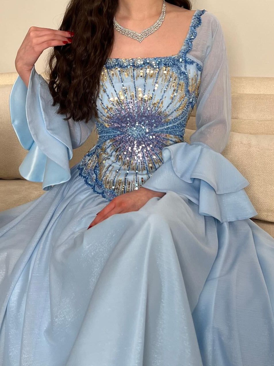 Sequin Bodice Midi Dress with Tiered Bell Sleeves
