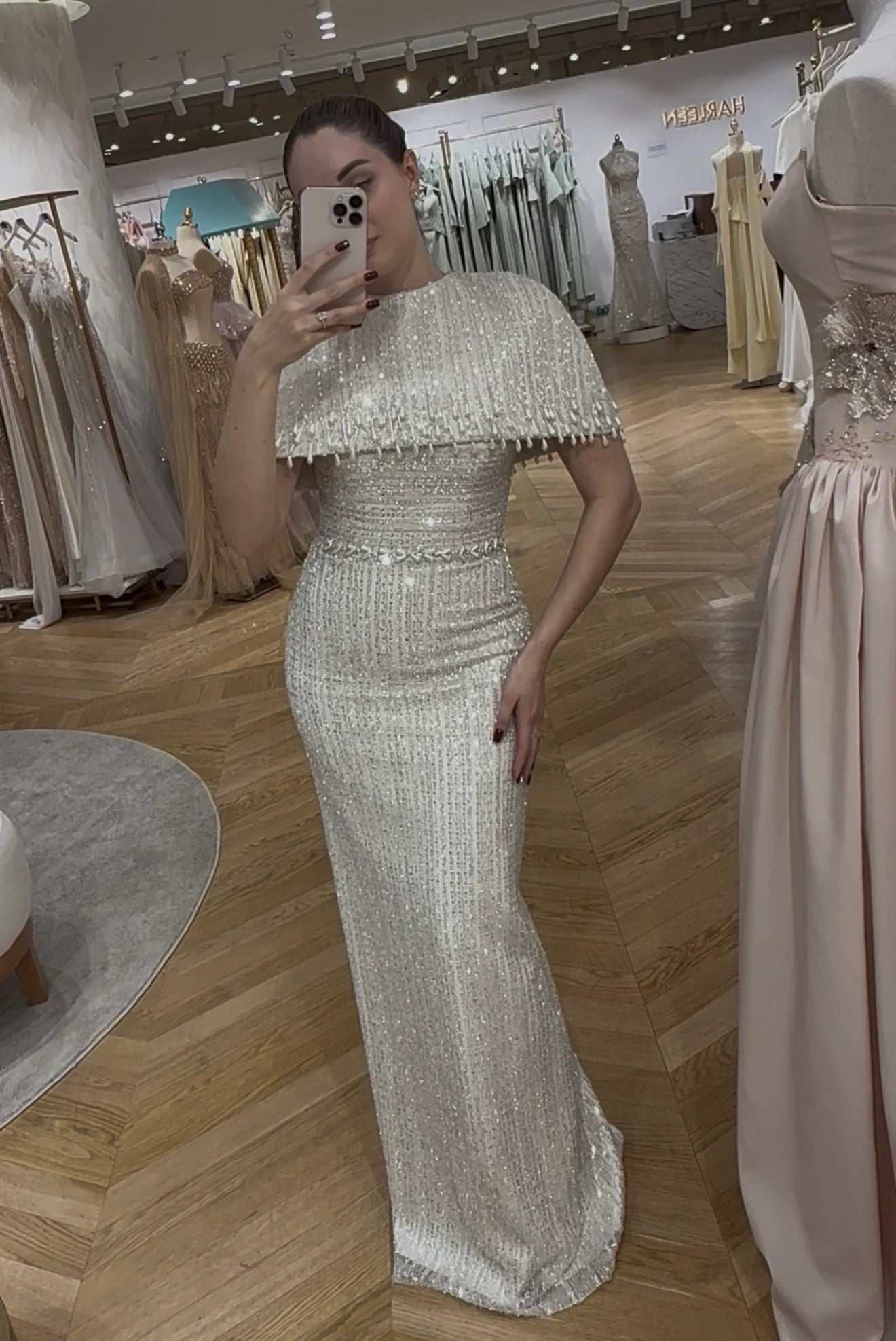 Sequined Cape Column Evening Gown