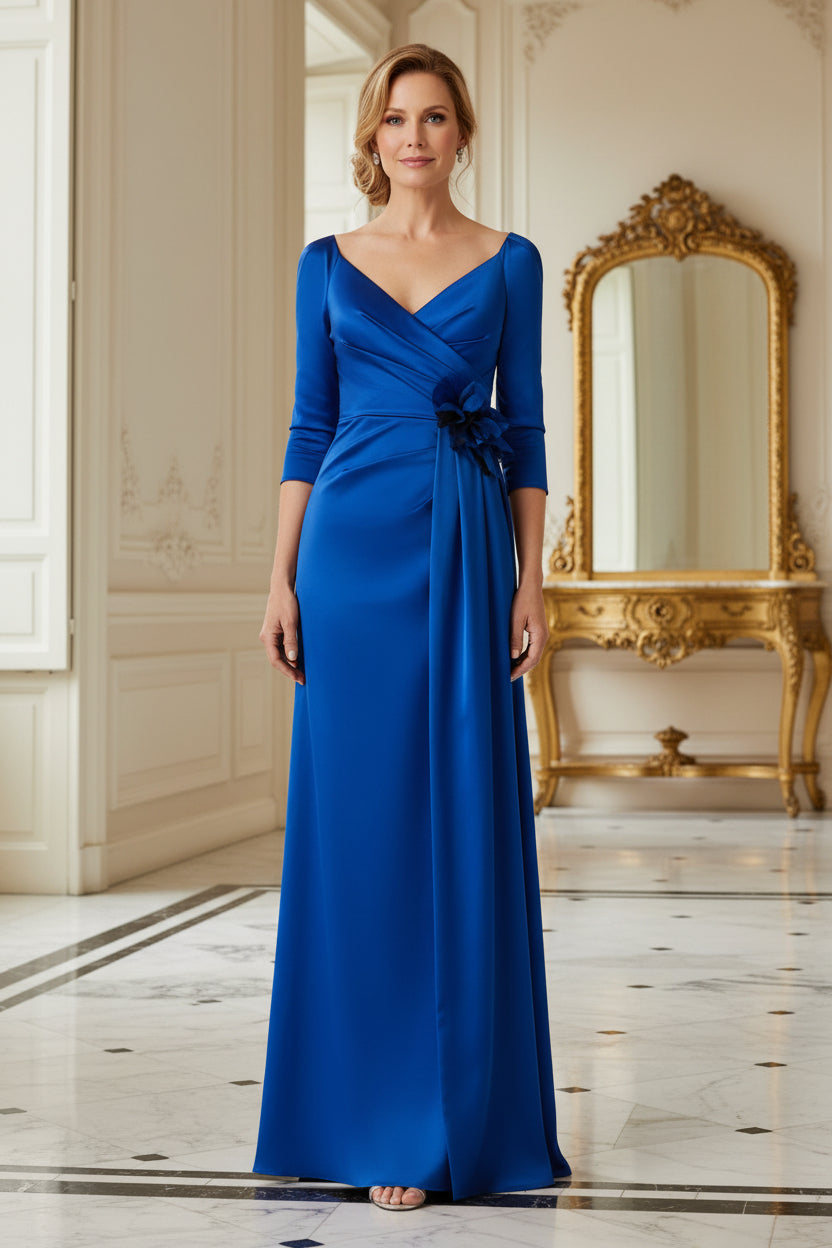 Off-the-Shoulder Wrap Satin Gown with Side Slit