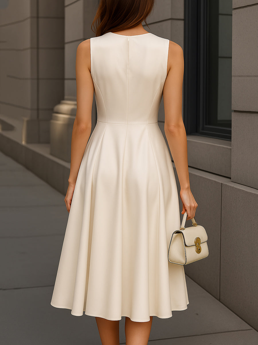 Pleated Bodice Sleeveless Midi A-Line Dress
