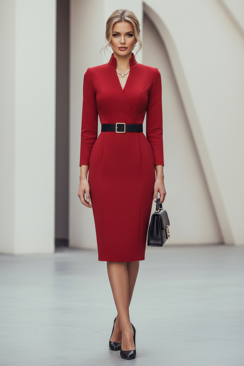 Belted V-Neck Pencil Midi Dress with 3/4 Sleeves