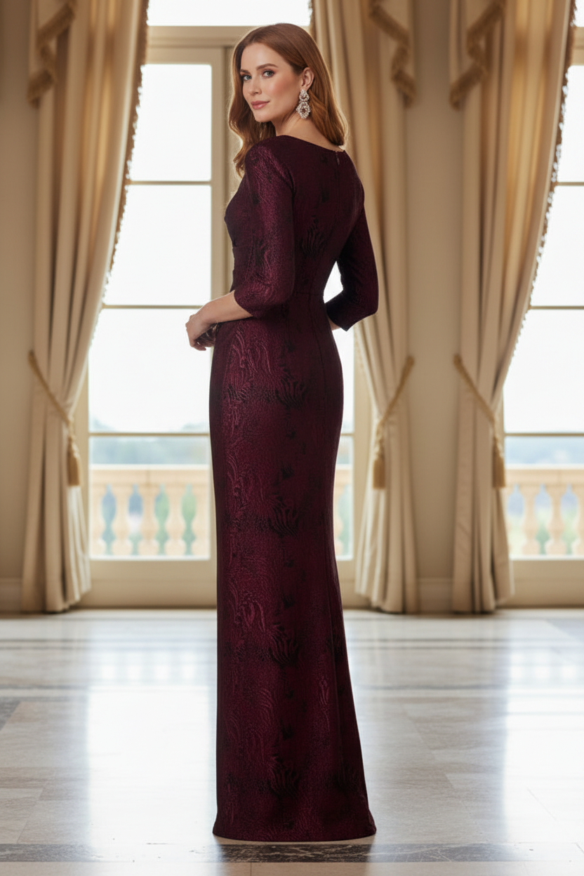 Jacquard Sheath Gown with Side Draping Detail