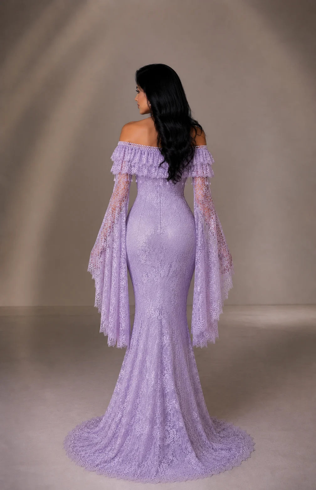 Off Shoulder Lace Bell Sleeve Mermaid Evening Gown