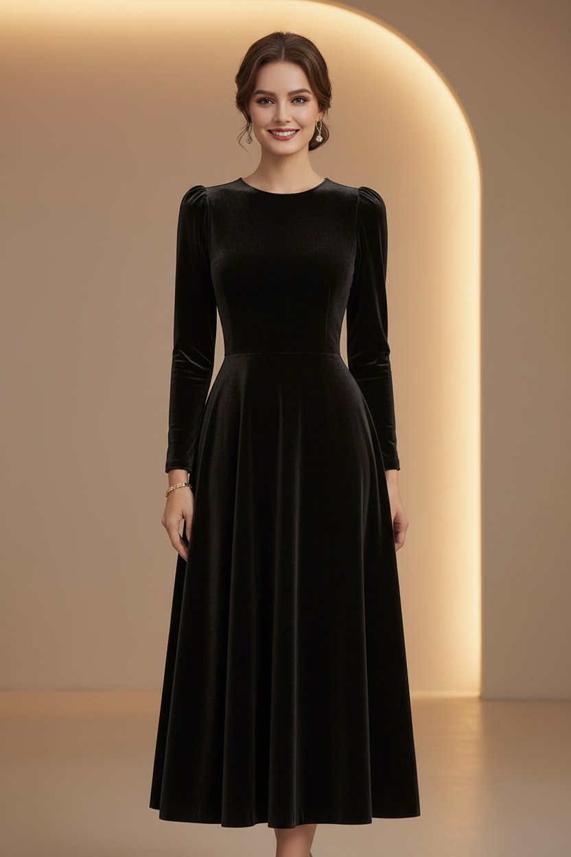 Velvet Long Sleeve A-Line Midi Dress