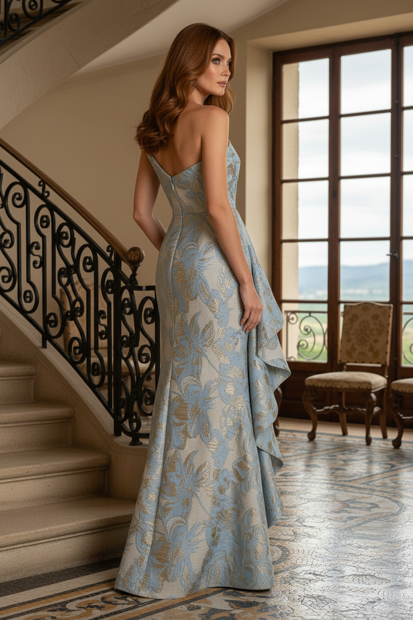 One-Shoulder Floral Jacquard Gown with Cascading Ruffle
