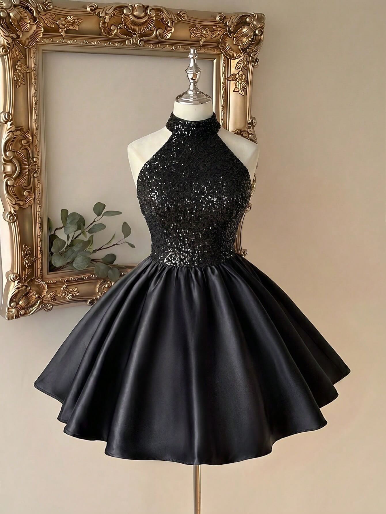 Halter Sequin A-Line Satin Homecoming Dress