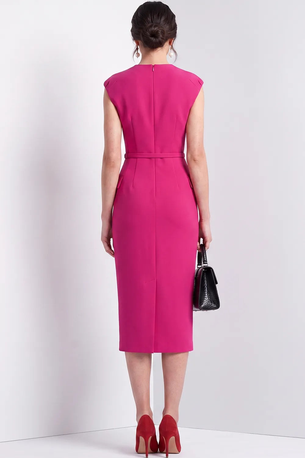 Belted Midi Sheath Dress with Flap Pockets