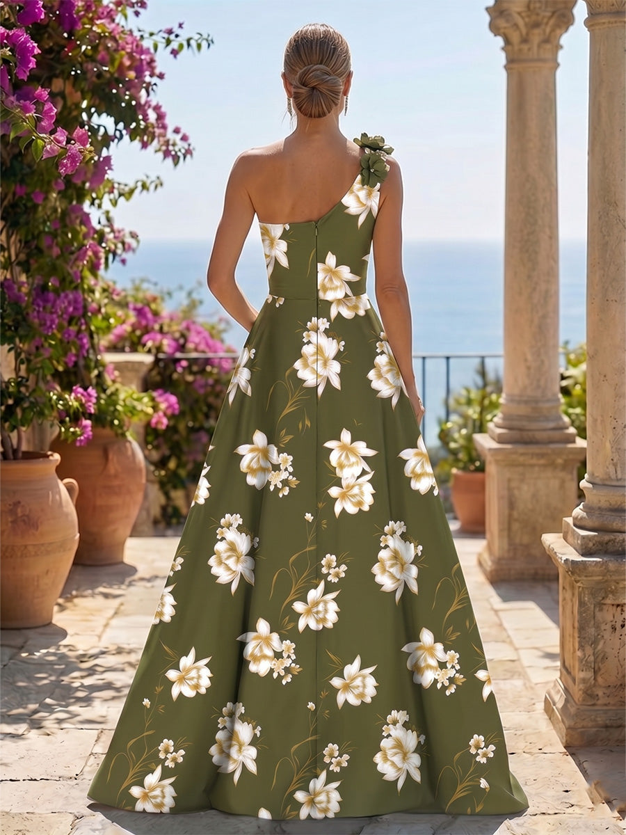 Floral Print One-Shoulder A-Line Evening Gown