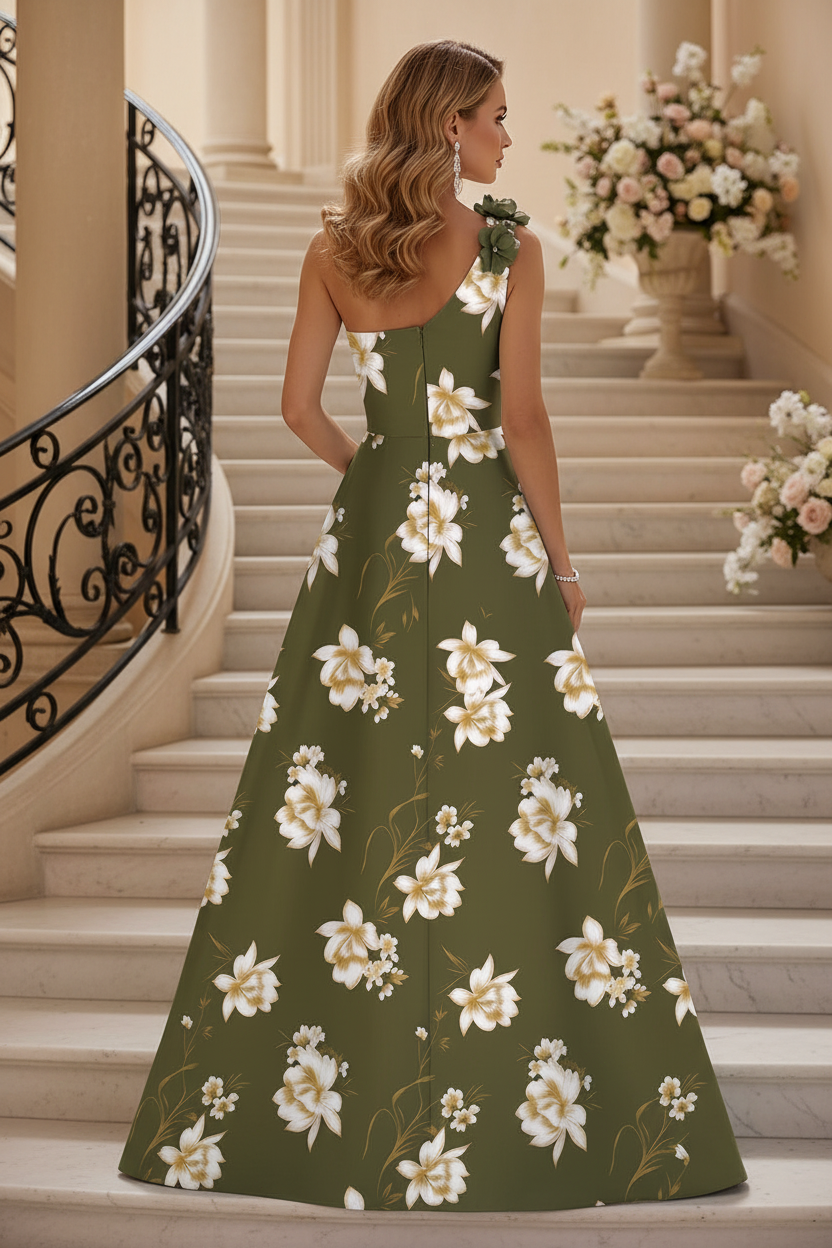 Floral Print One-Shoulder A-Line Evening Gown