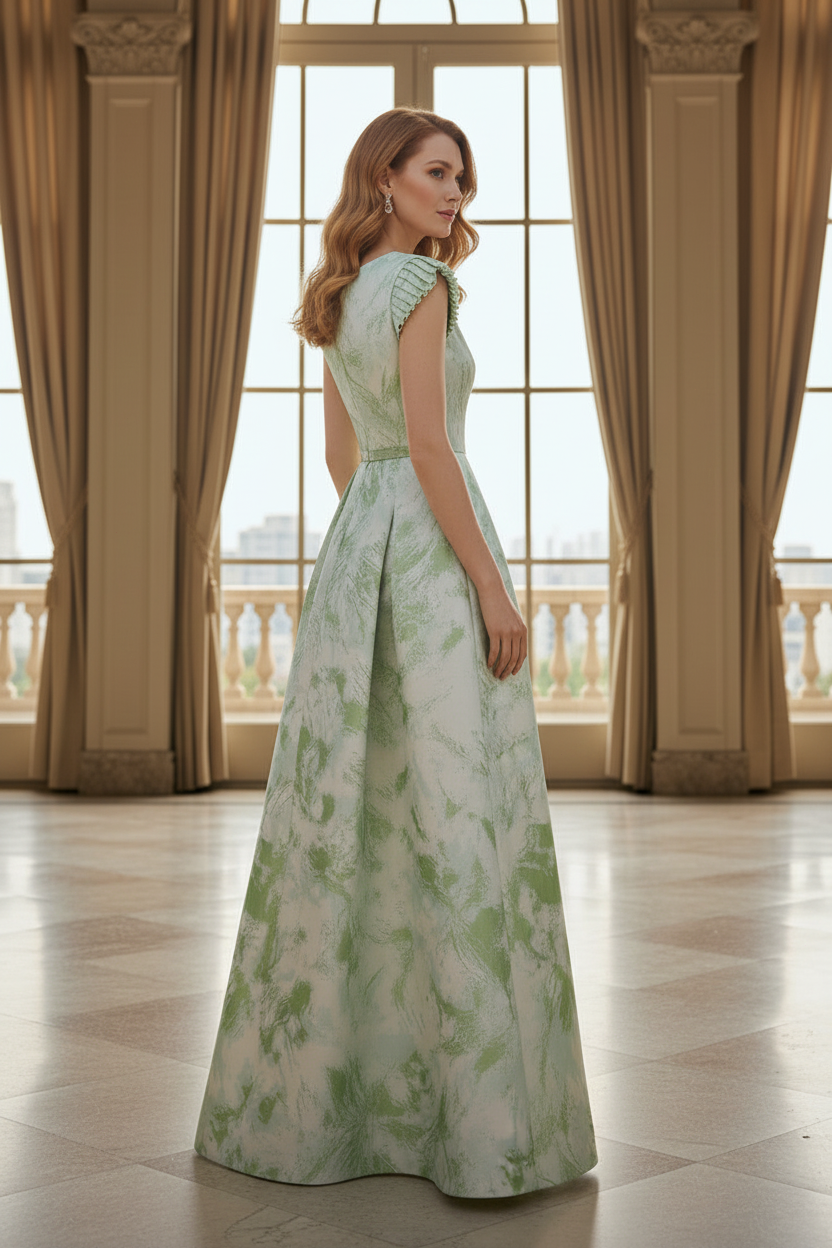 A-Line Gown with Pleated Cap Sleeves and V-Back