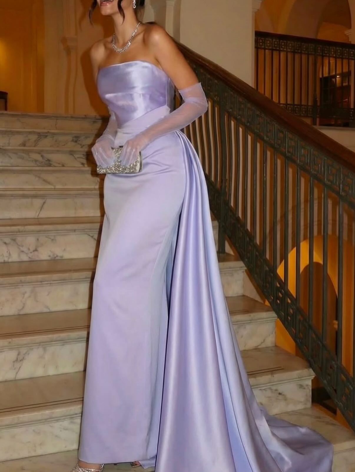 Strapless Asymmetrical Satin Evening Gown