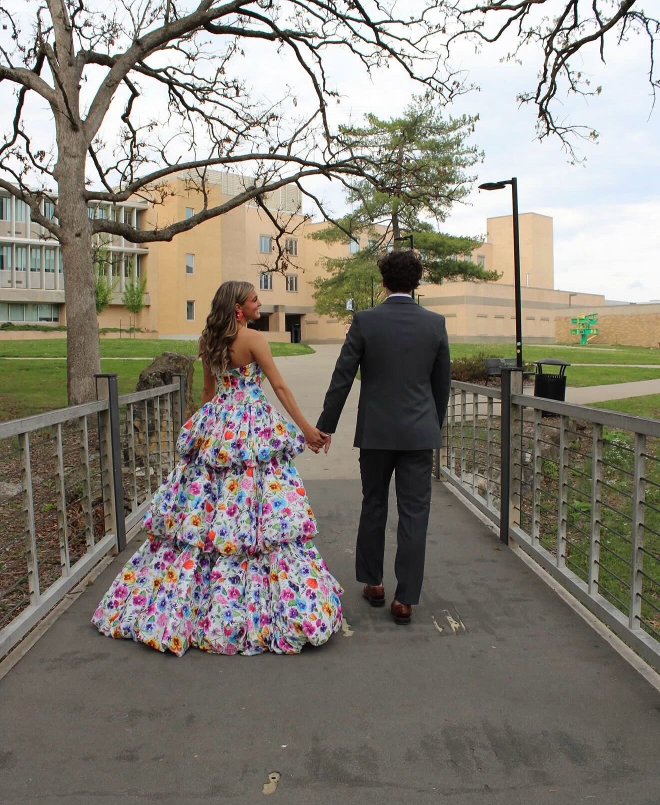 Strapless Floral Print High-Low Ball Gown
