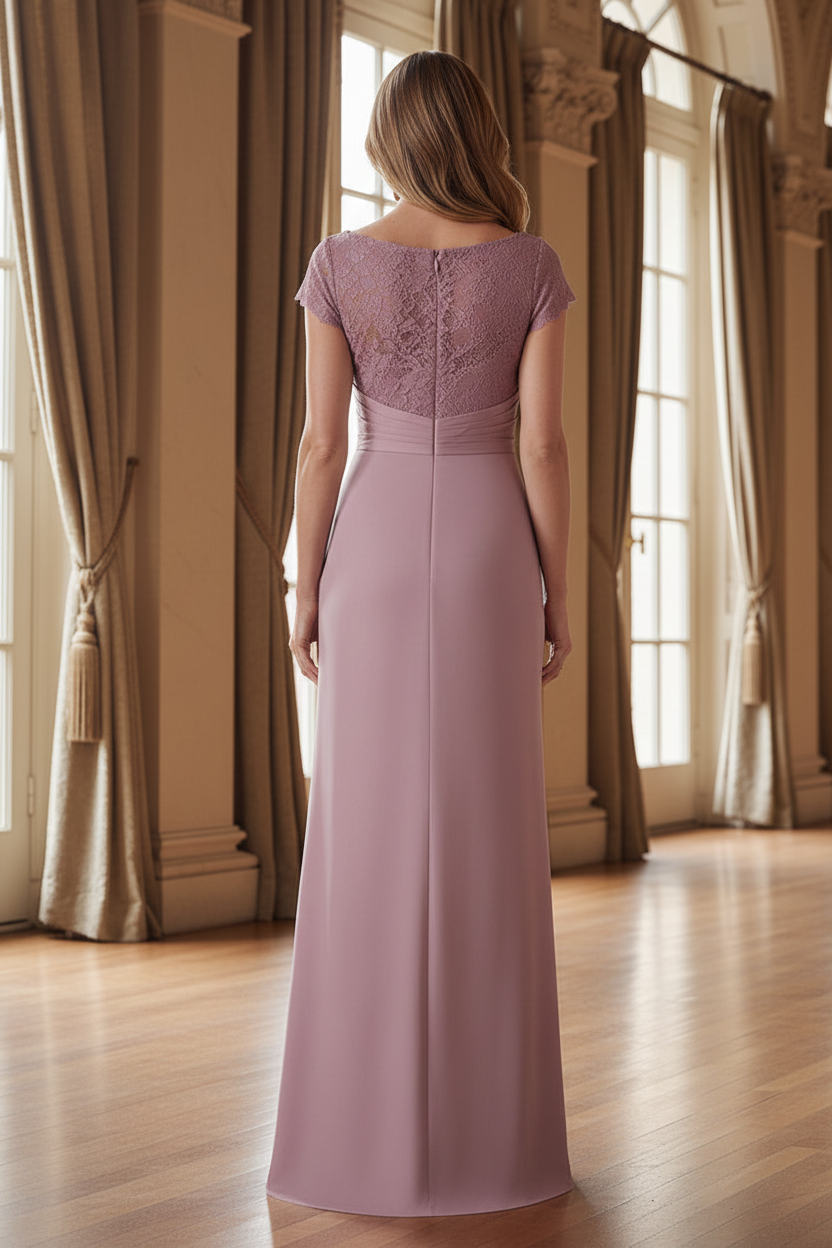Lace Bodice Draped Column Formal Evening Gown