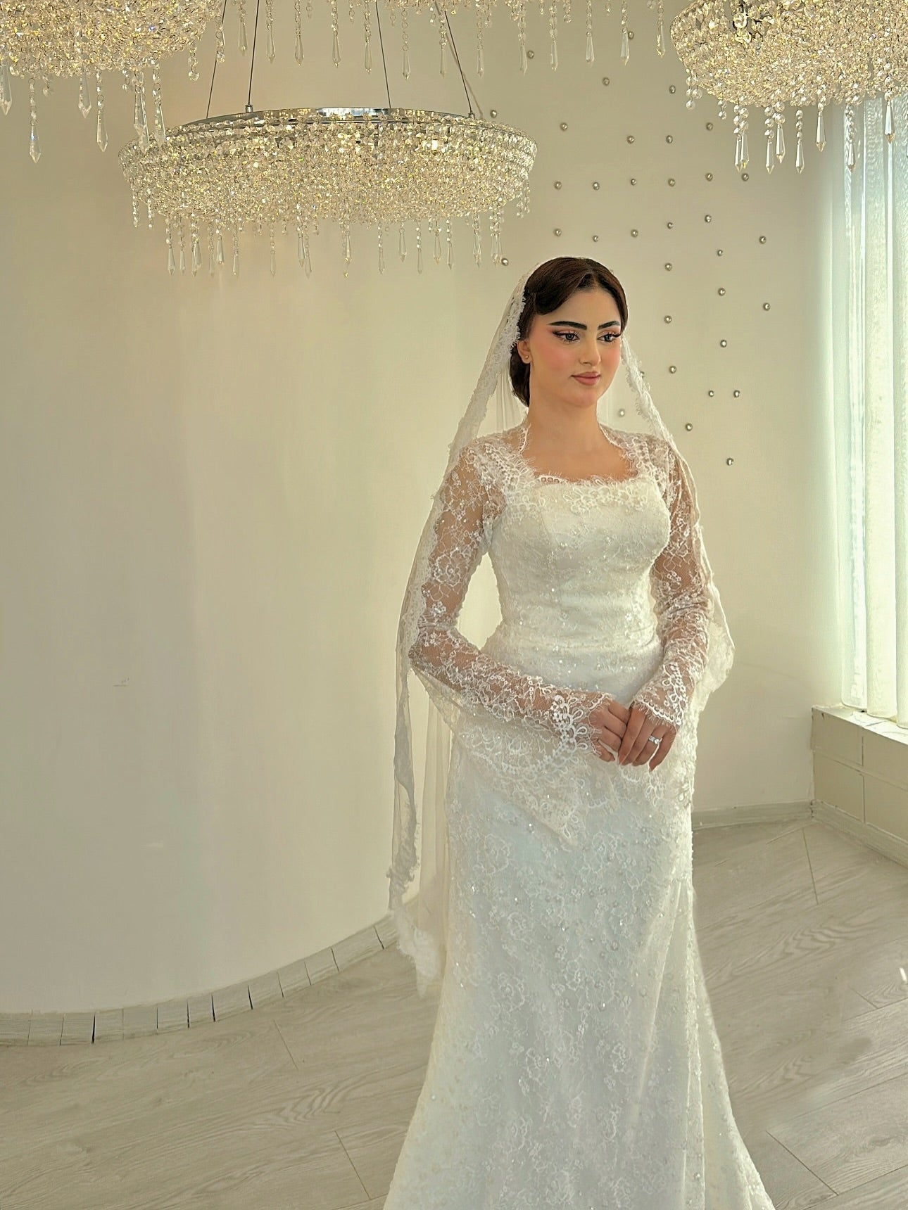 Square Neck Lace Long Sleeve Wedding Dress