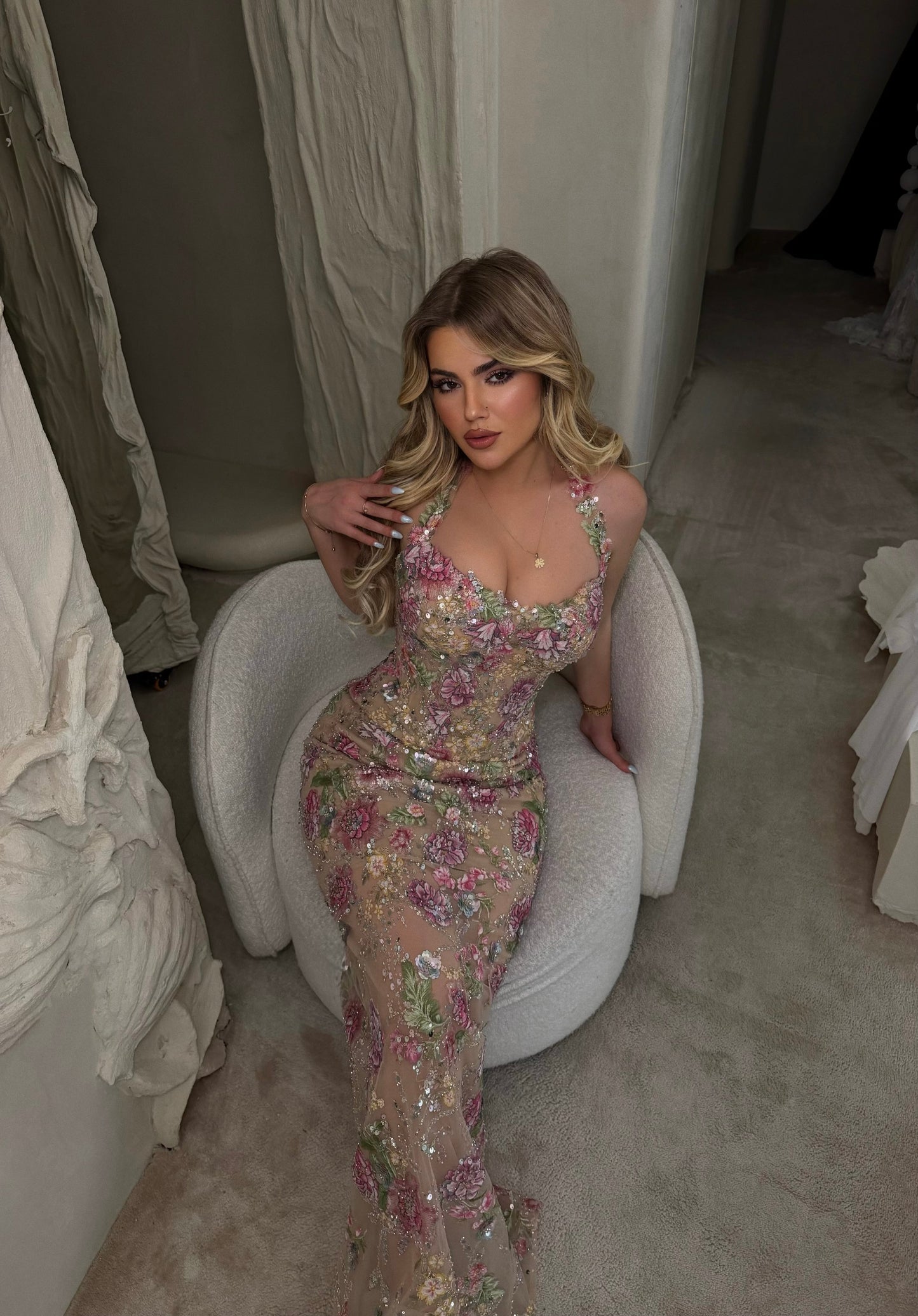 Floral Embroidered Halter Neck Evening Gown