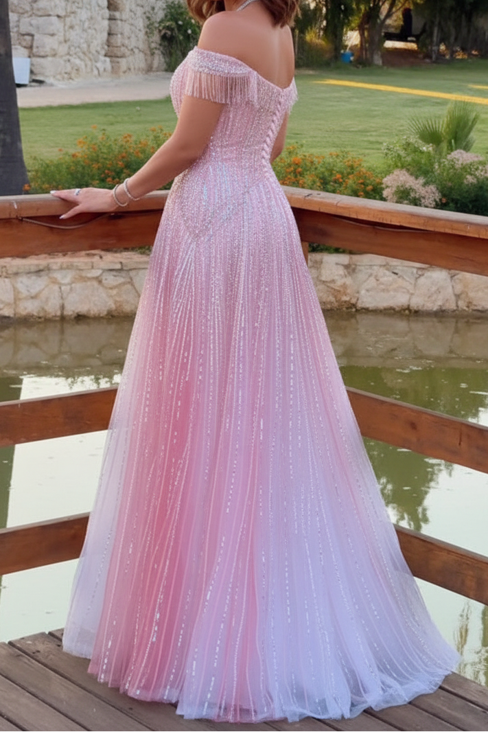 Off-the-Shoulder Sequin Ombre A-Line Gown with Fringe Trim